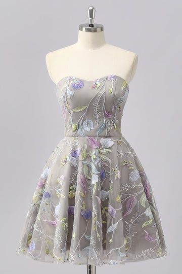 Grey A Line Strapless Floral Mini Cocktail Dress with Embroidery